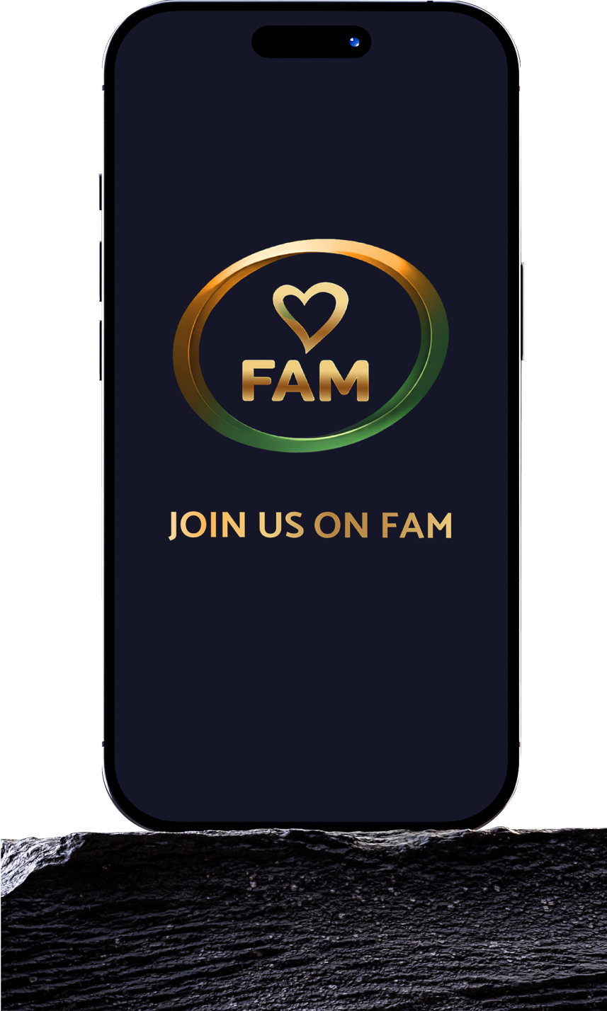 Smartphone displaying FAM logo with “Join Us on FAM” call-to-action on a sleek dark screen.