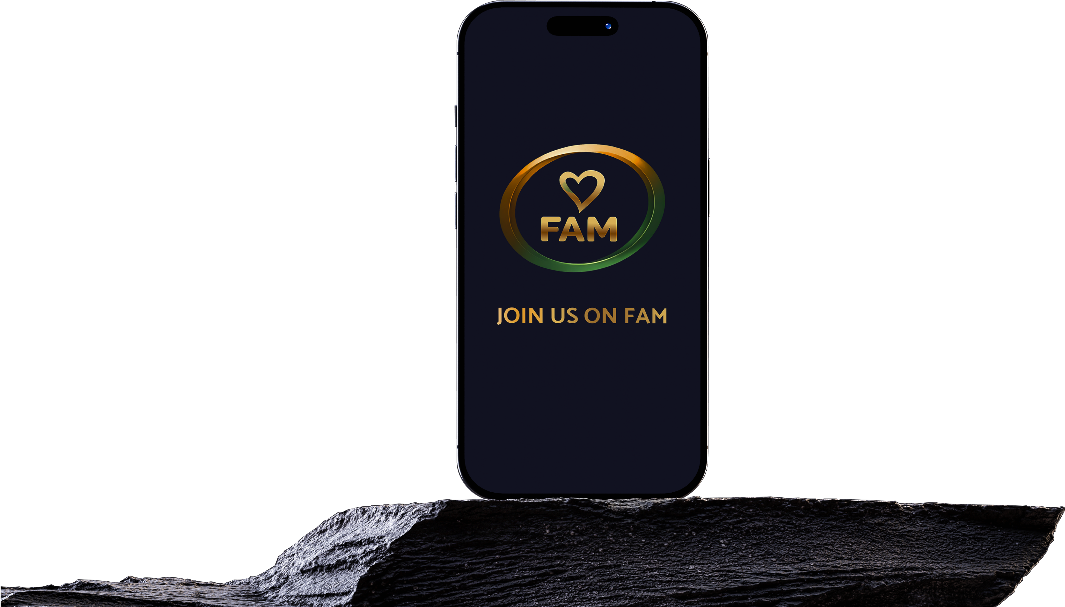 Smartphone displaying FAM app logo with "Join Us on FAM" call-to-action on dark screen.